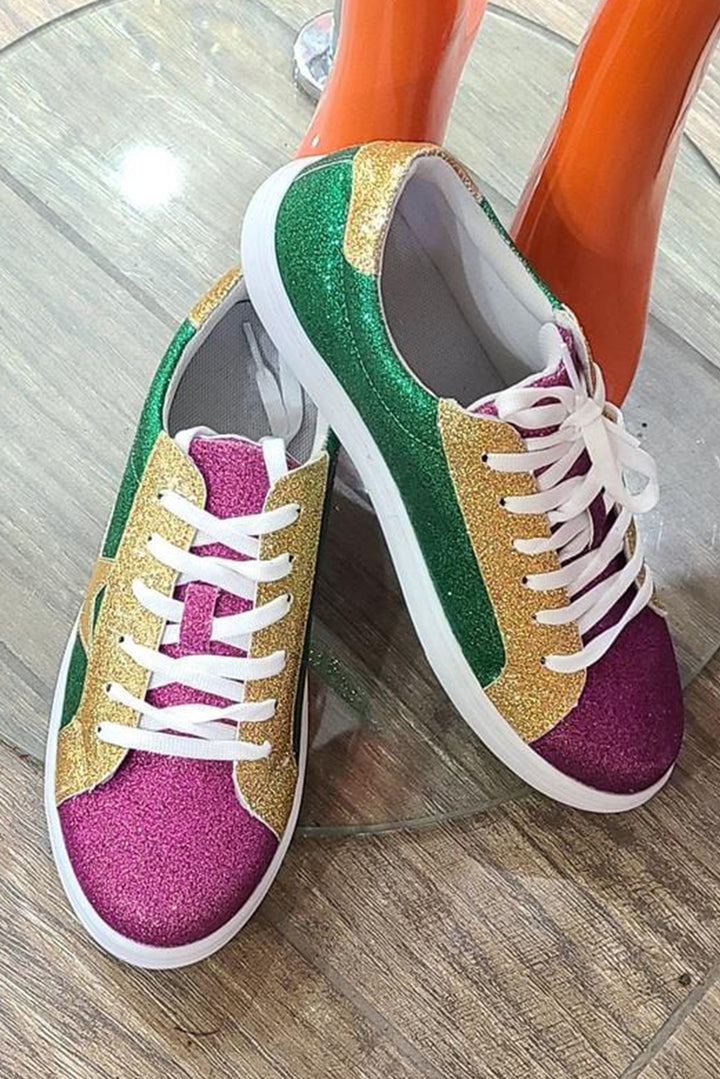 Mardi Gras – Flache Schnürschuhe mit dreifarbigen Pailletten