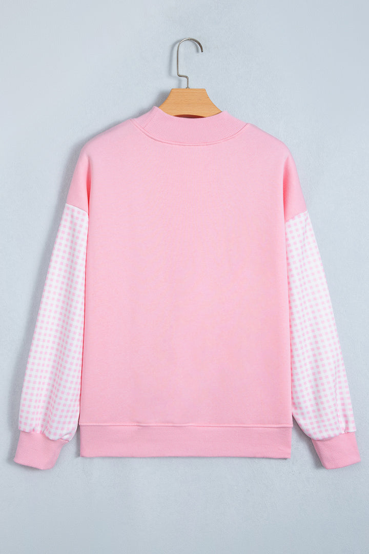 Pink Plaid Sleeve Colorblock Loose Tunic Sweatshirt