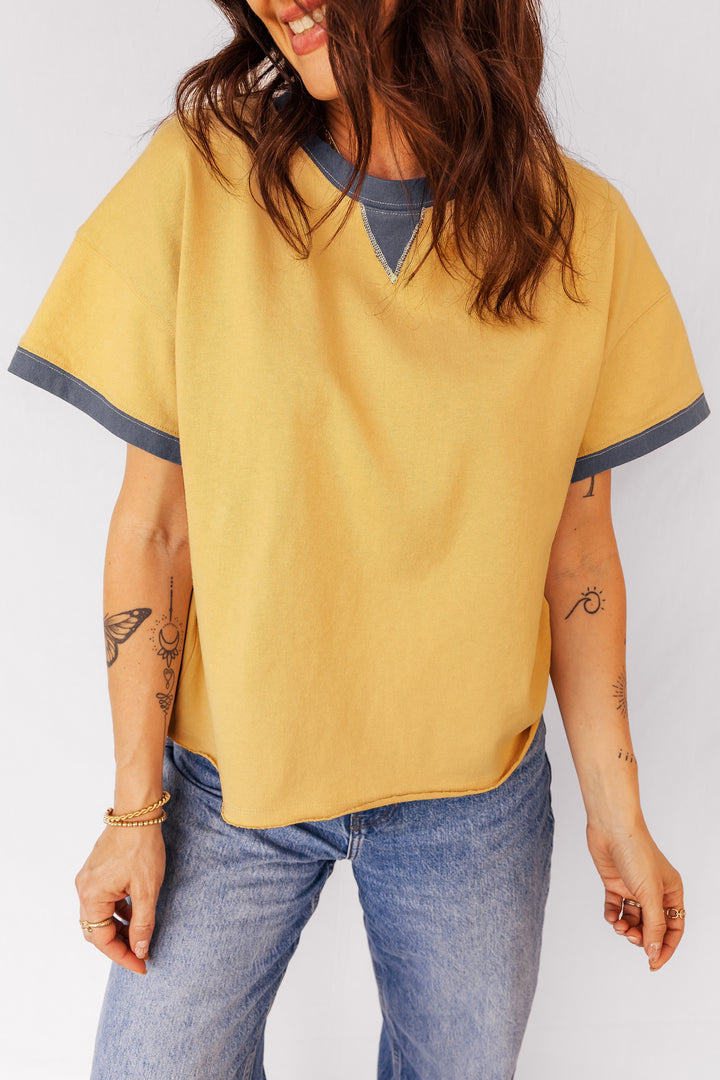 Contrast Trim Raw Hemline Short Sleeve Loose Top