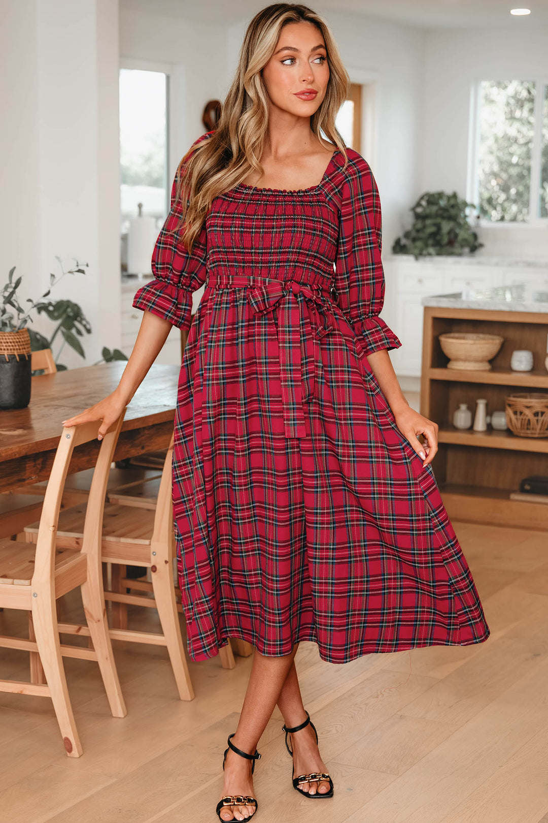 Tartan Plaid Square Neck Puff Sleeve Knot Waist Flared Midi Dress
