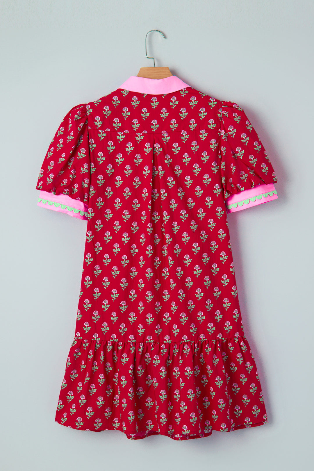 Floral Print Contrasted V Neck Short Bubble Sleeve Mini Dress