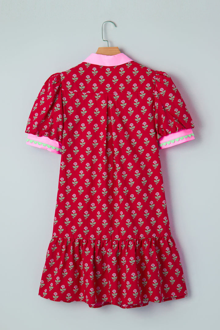 Floral Print Contrasted V Neck Short Bubble Sleeve Mini Dress