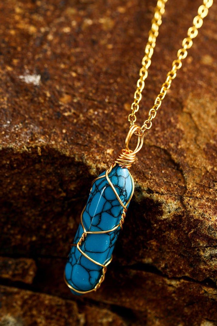 Gold Wire Wrapped Turquoise Pendant Necklace