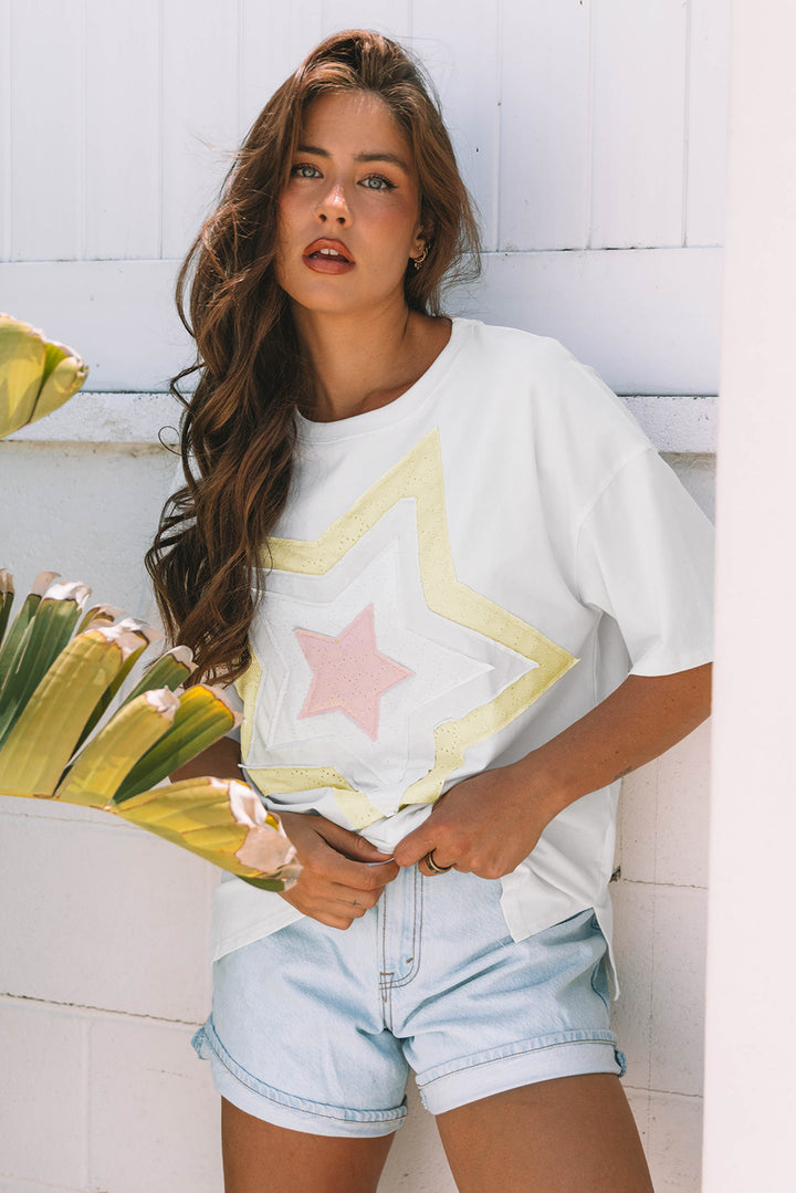 Star Layered Patched Graphic Drop Shoulder Half Sleeve Loose Tee