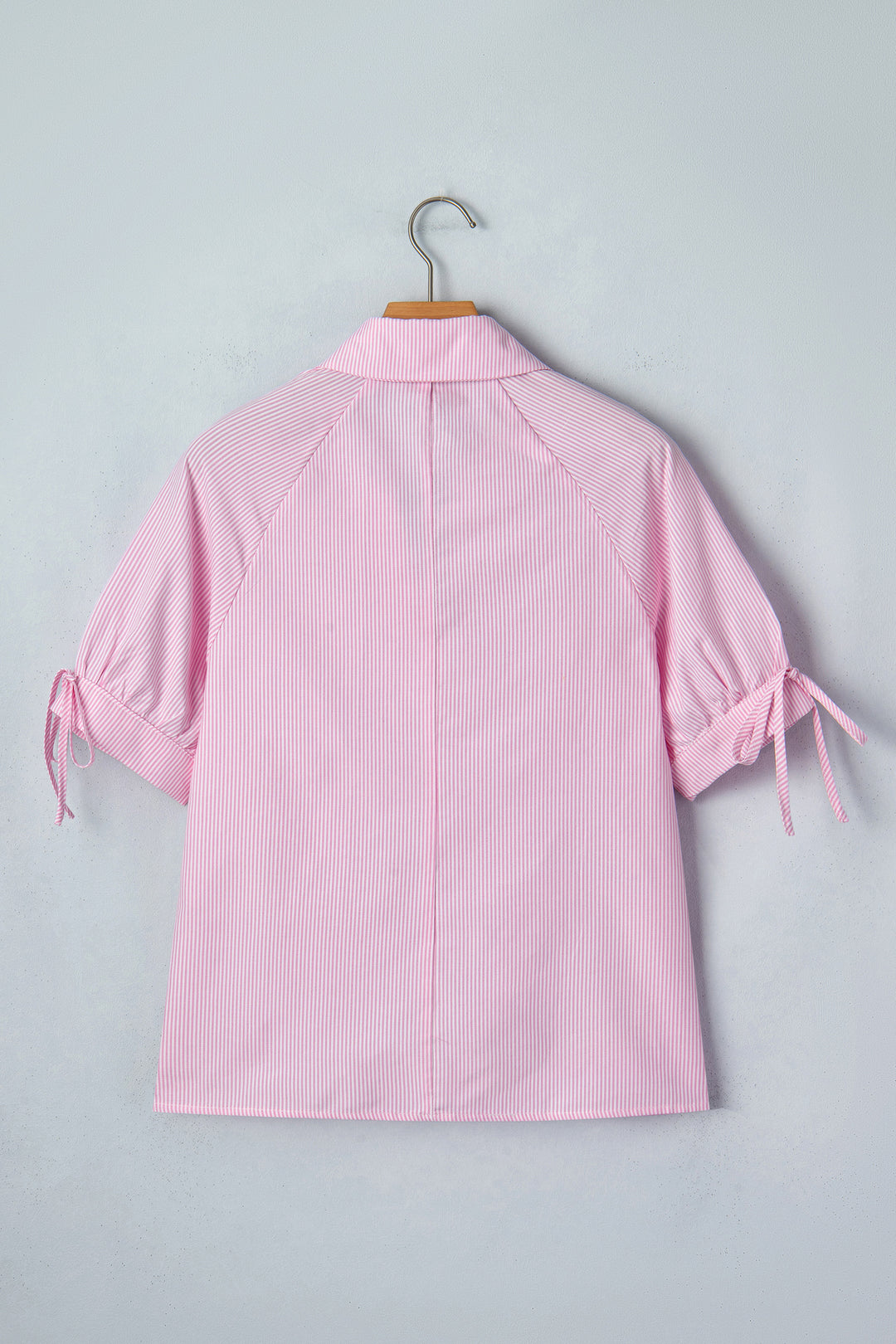 Pink Striped Print Collared Split Neck Half Sleeve Blouse
