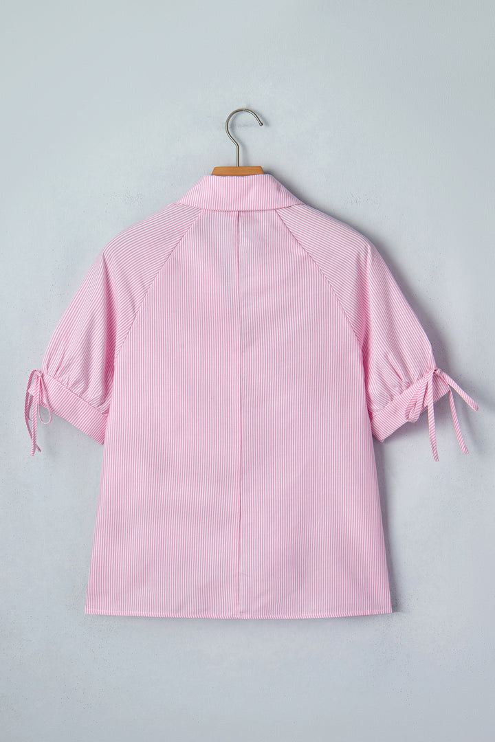 Pink Striped Print Collared Split Neck Half Sleeve Blouse