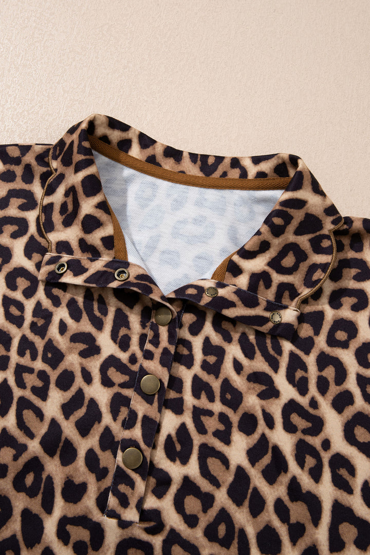 Khaki Buttoned Collar Short Sleeve Shift Leopard Dress with Pockets
