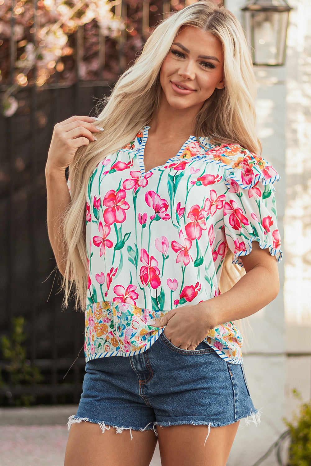 floral print striped detail split neck short sleeve blouse