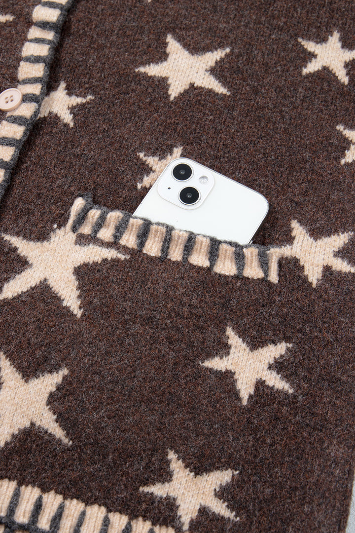Brown Stars Pattern Colorblock Long Sleeve Shift Wool Cardigan