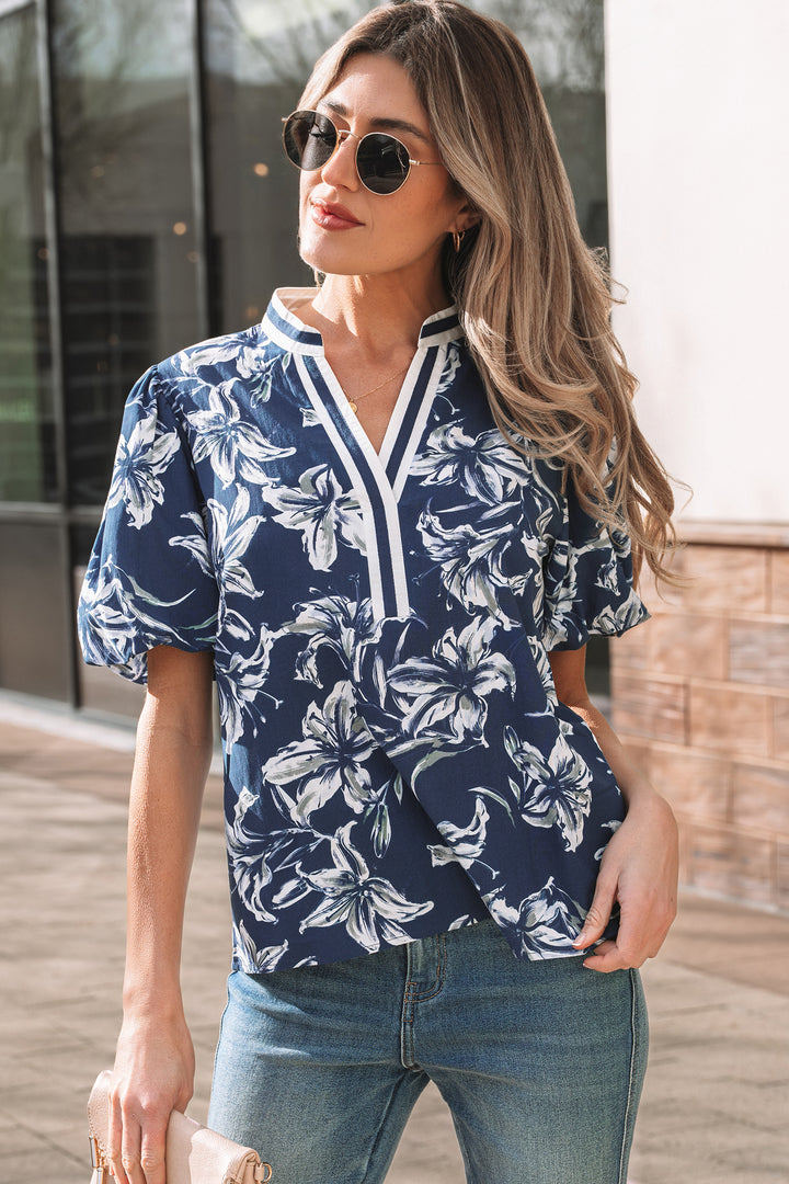 Floral Print Short Puff Sleeve Striped Trim V Neck Blouse