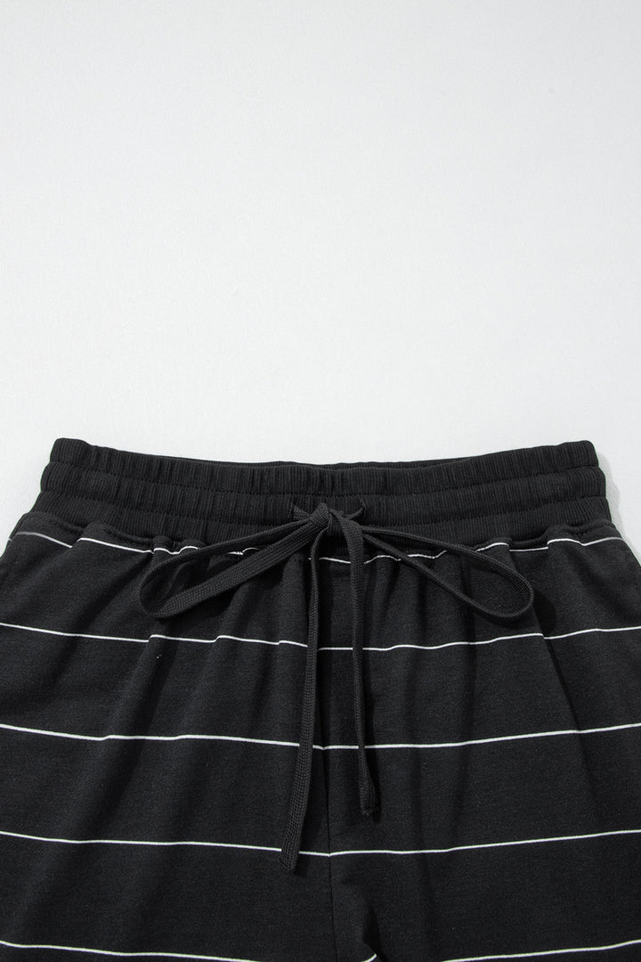 Black Stripe Half Sleeve Tee Drawstring Shorts 2pcs Set