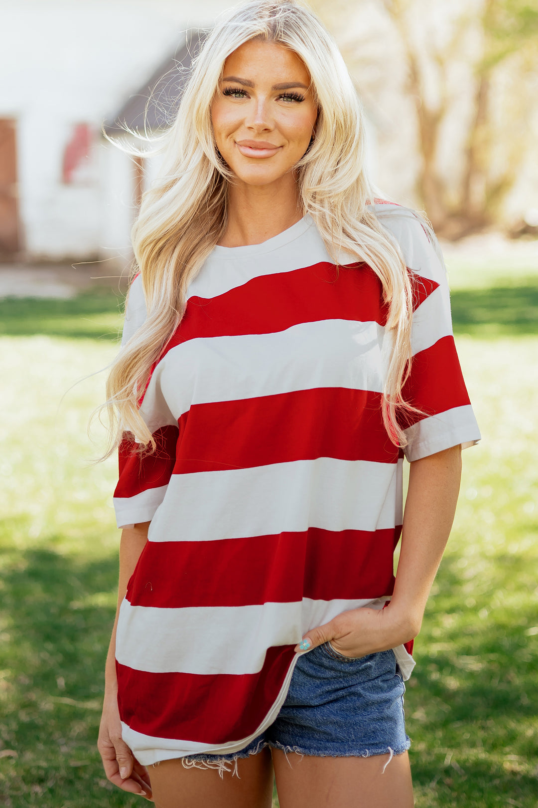 Racing Red Striped Color Block Oversize Tunic Tee