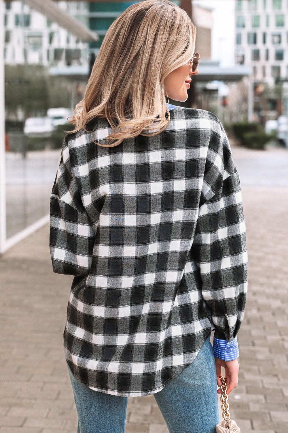Contrast Striped Edge Half Placket Plaid Blouse