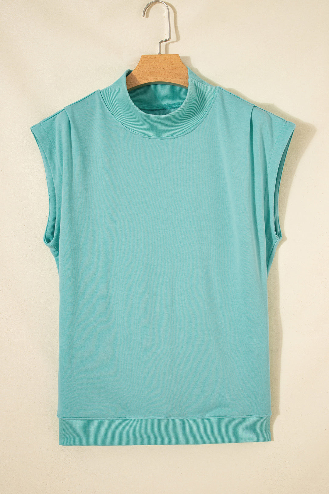Mint Green Solid Color High Neck Cap Sleeve Loose Top