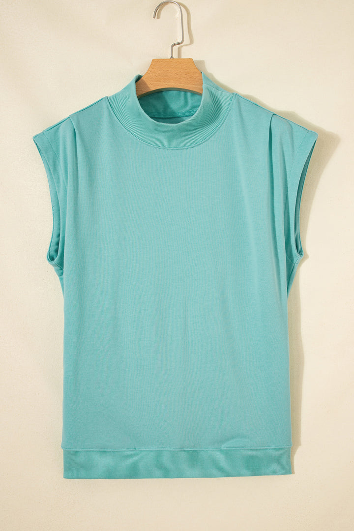 Mint Green Solid Color High Neck Cap Sleeve Loose Top