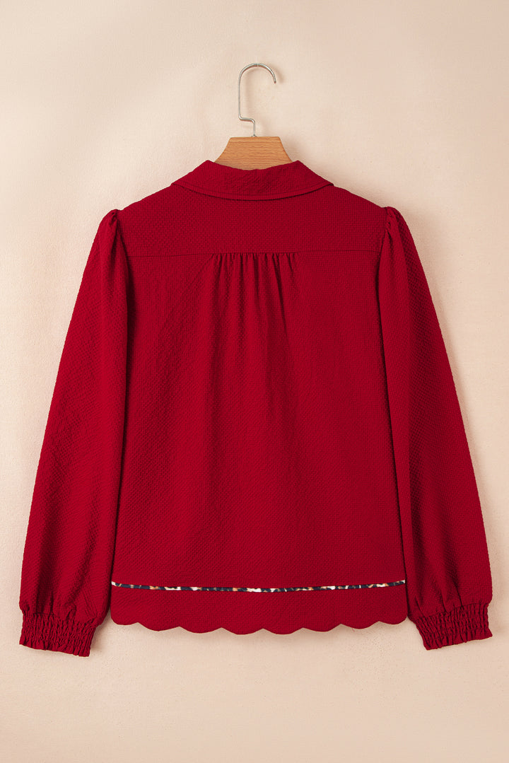 Collar V Neck Leopard Contrasted Trim Textured Blouse