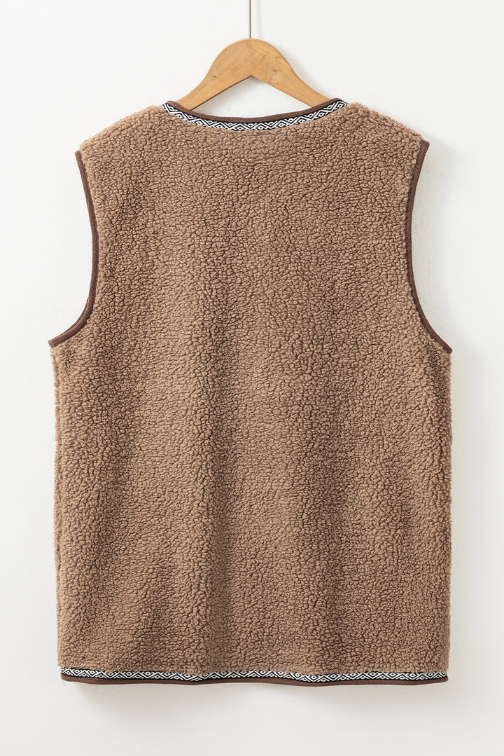 Dark Khaki Sherpa Contrast Trim Patch Pocket Cartridge Toggle Button Vest