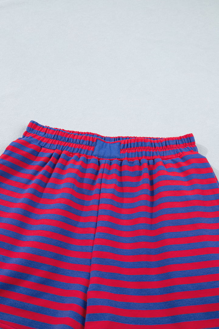 Navy Stripe Ribbed Cotton Two-Piece Short Set with Chest Patch Detail