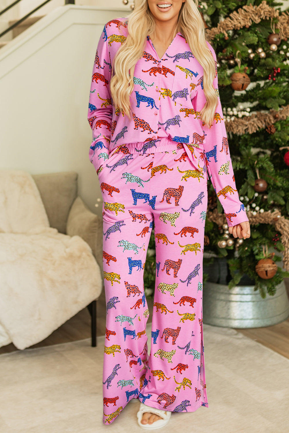cheetah print shirt and pants pajama set
