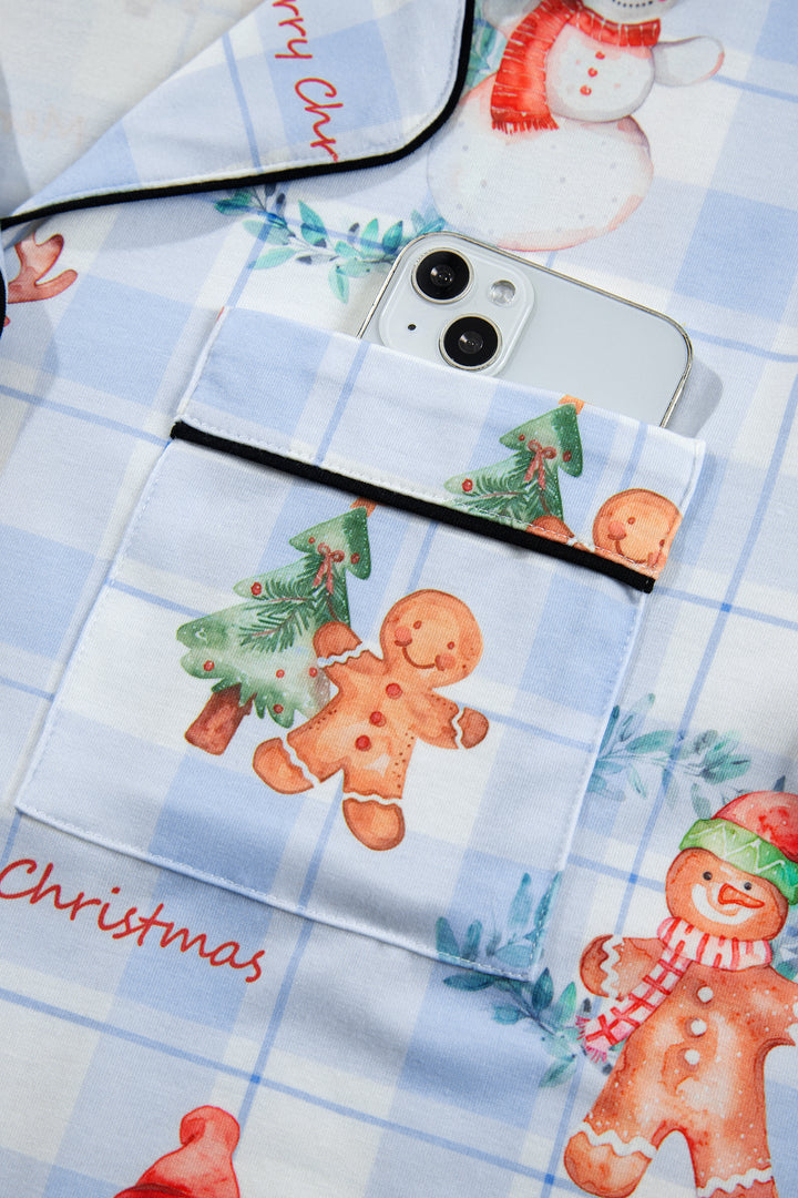 Sky Blue Plaid Cartoon Christmas Pattern Shirt Top 2pcs Pajama Set