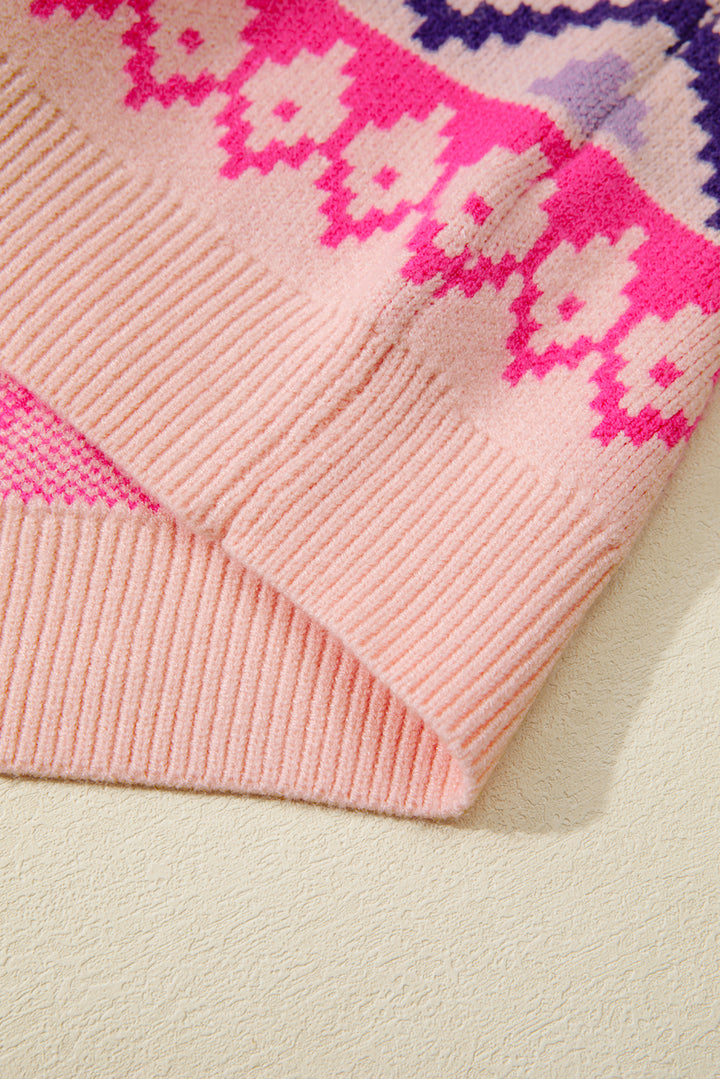 Ethnic Christmas Pattern Knit Feather Cuffed Sweater
