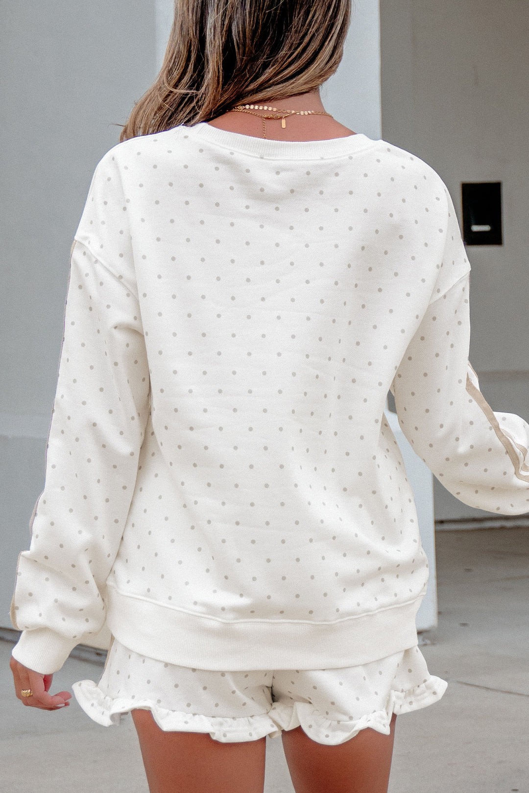 White Polka Dot Print Side Stripe Casual Sweatshirt 2pcs Short Set