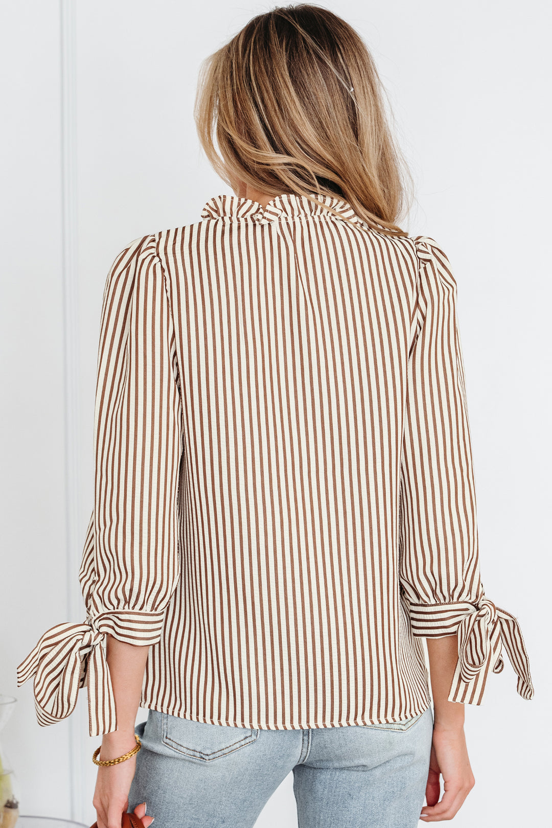 Striped Print Tied Cuffs Split Neck Seersucker Blouse
