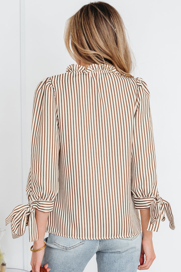 Striped Print Tied Cuffs Split Neck Seersucker Blouse