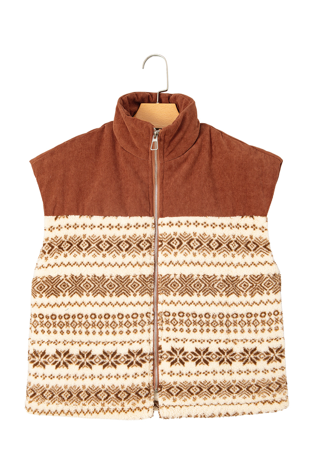Brown Geometric Print Fleece Metal Zipper Collar Patchwork Design Vest