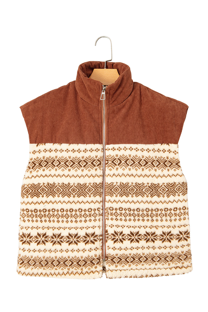 Brown Geometric Print Fleece Metal Zipper Collar Patchwork Design Vest