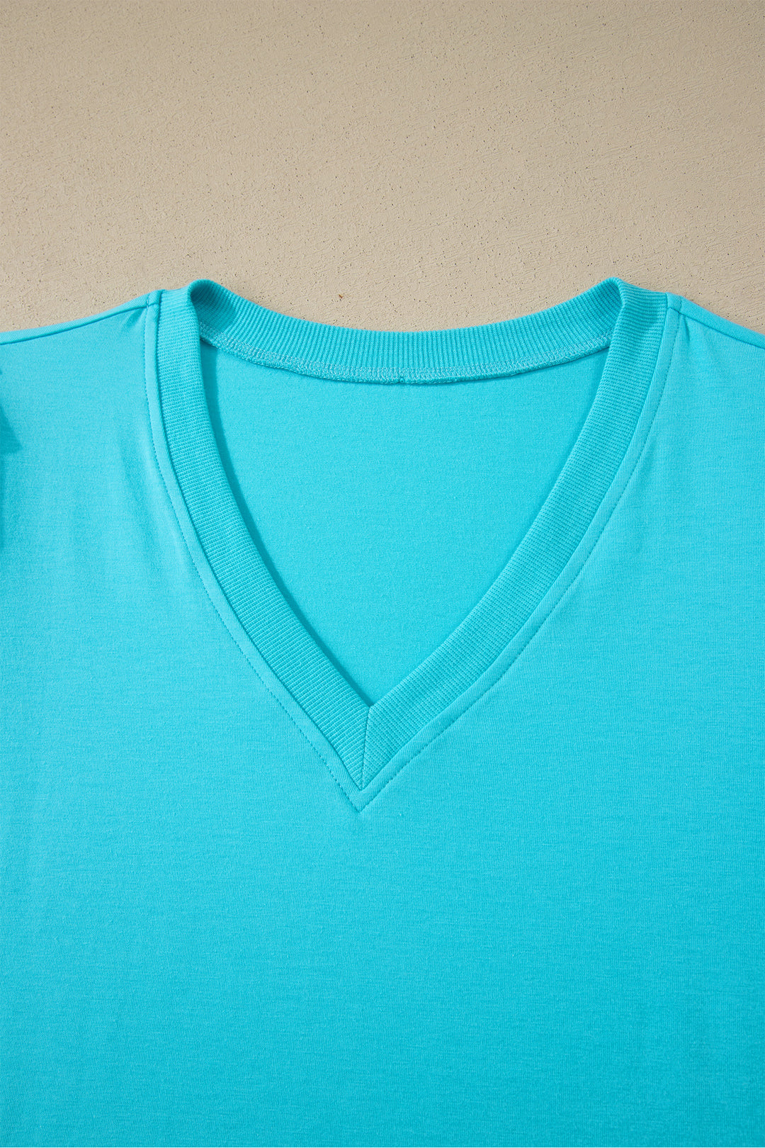 Turquoise Solid Color V Neck Short Puff Sleeve Blouse