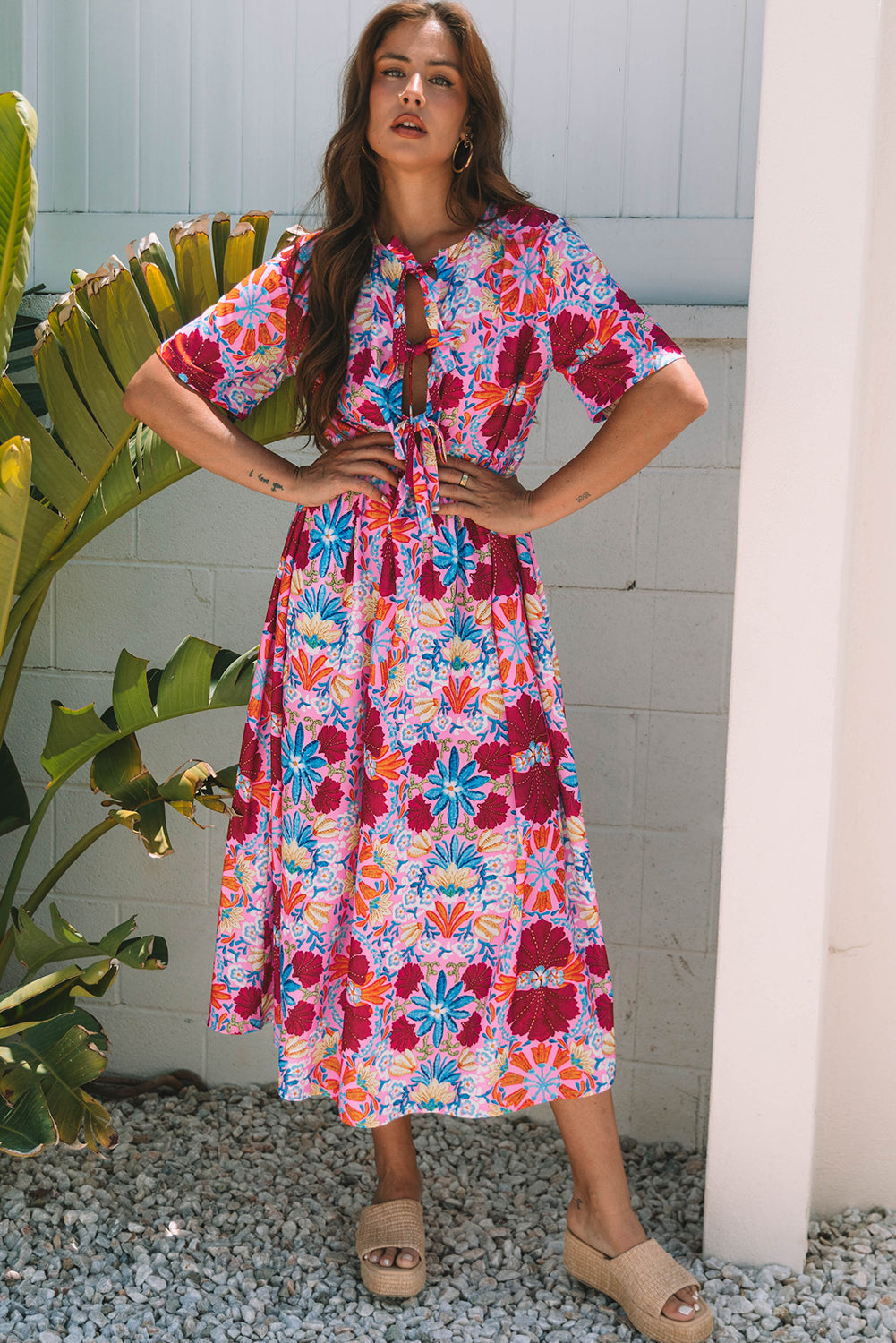 Floral Tied Front High Waist Short Sleeve Loose Long Dress