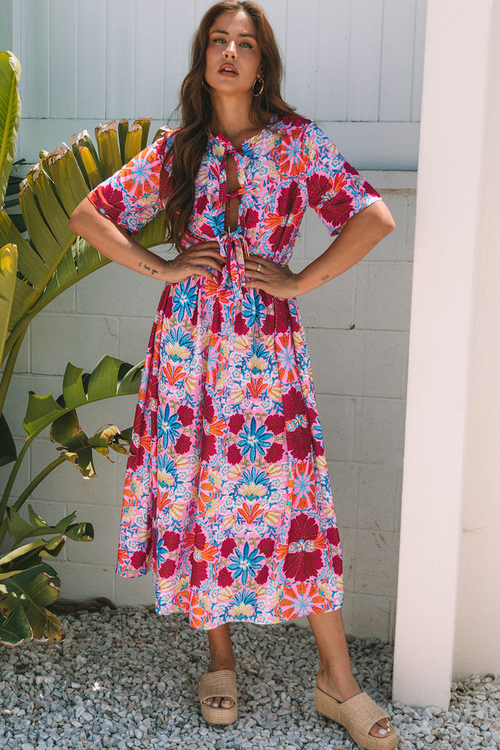 Floral Tied Front High Waist Short Sleeve Loose Long Dress