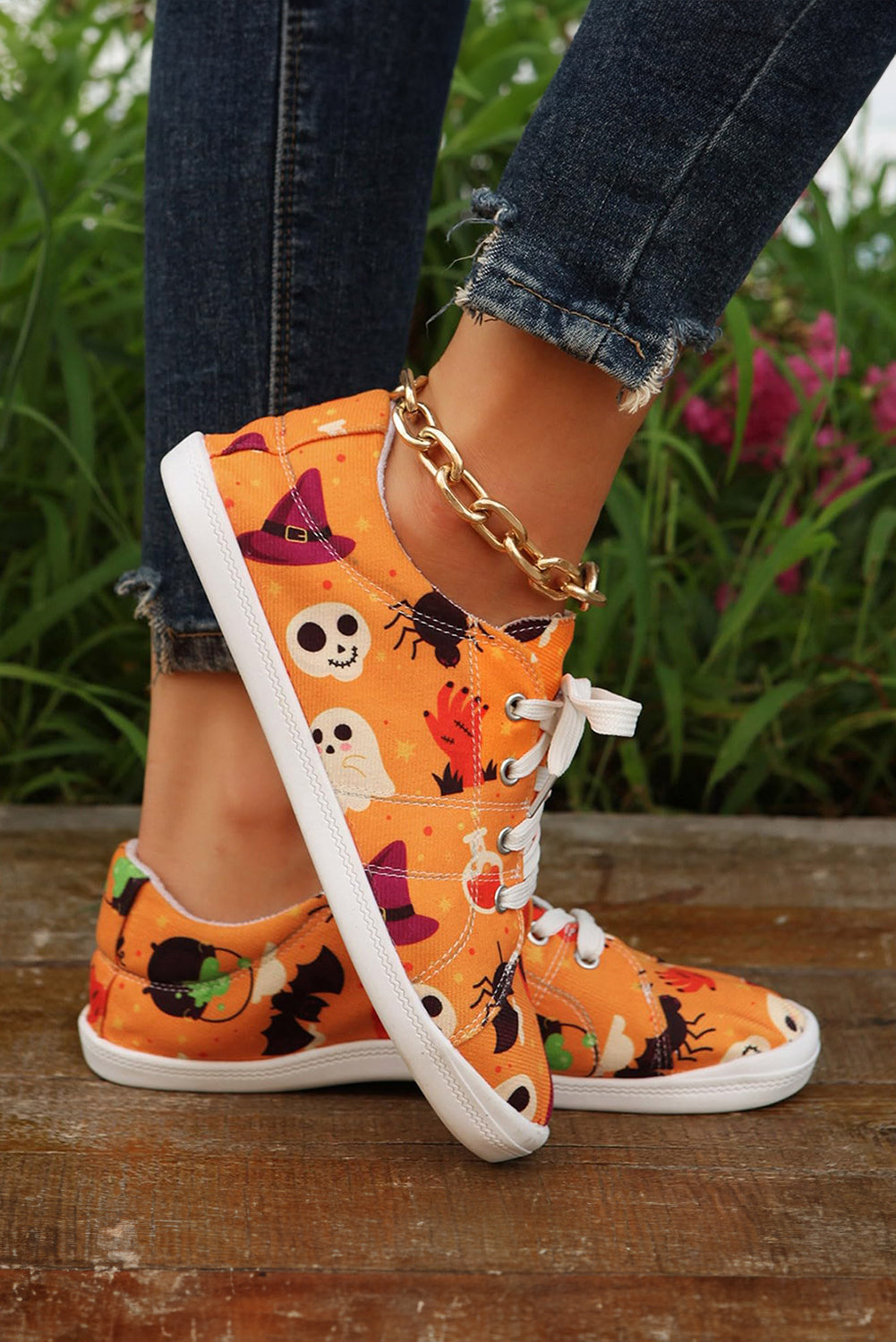 Halloween Pumpkin Ghost Print Lace-up Flat Shoes