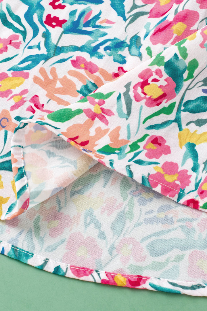 Floral Print Button Split Neck Puff Sleeve Blouse
