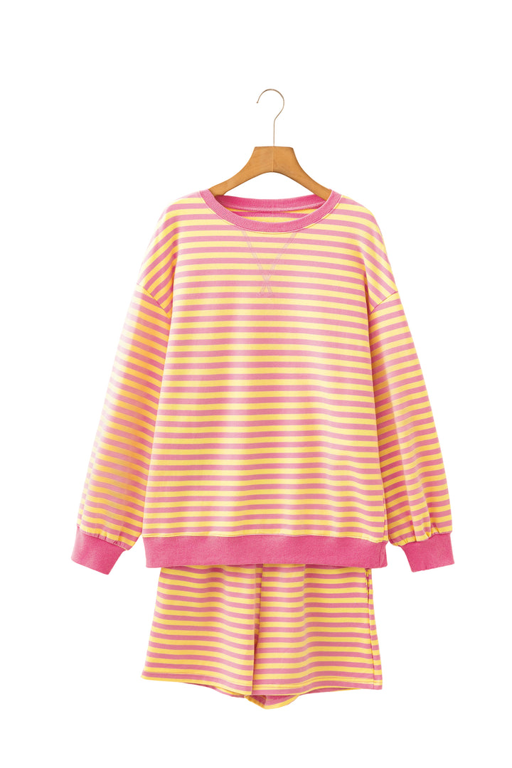 Yellow Stripe Color Block Trim Round Neck Long Sleeve Top Casual Shorts 2pcs Set
