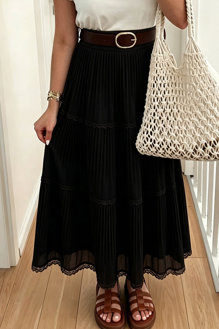 Black Solid Color Pleated Lace Trim Tiered Long Skirt