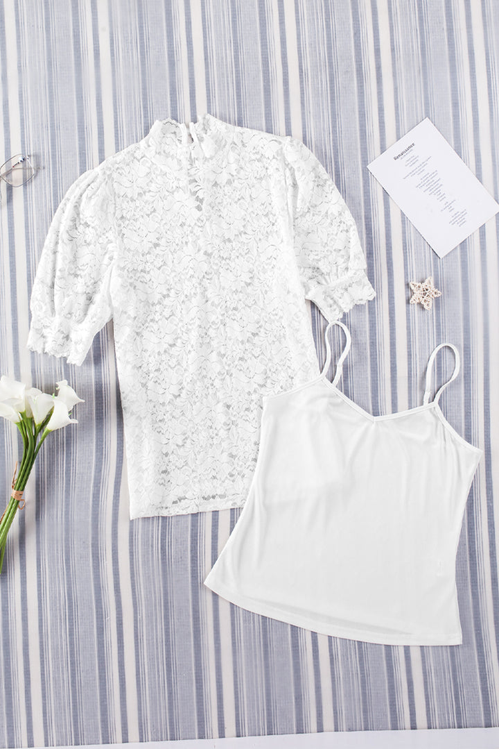 White High Neck Lace Short Sleeve 2PC Blouse
