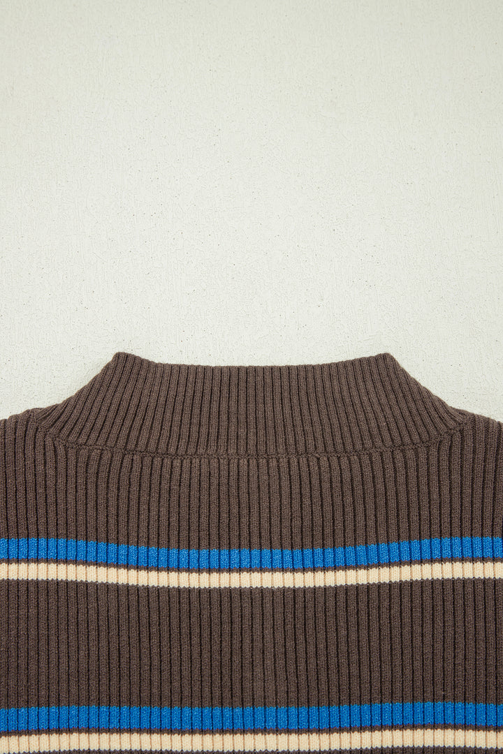 Chicory Coffee Ribbed Knit Contrast Cuff Henley Button Sweater