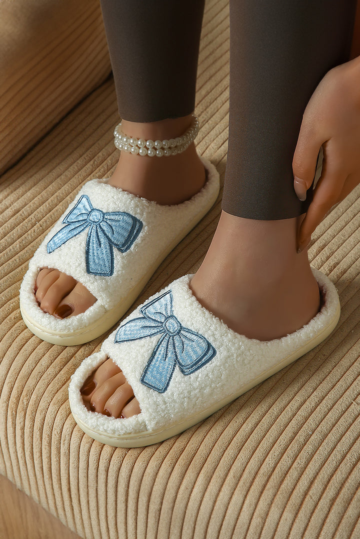 Bow Embroidered Open Toe Plush Slippers
