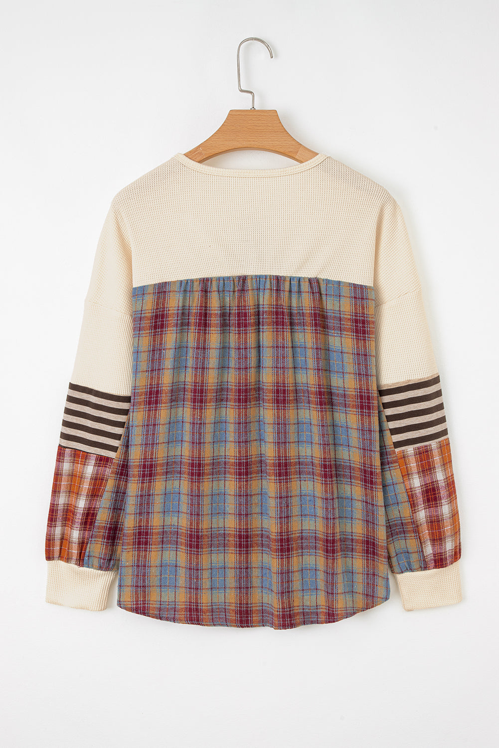 Waffle Stripe Plaid Patchwork Henley Knit Top
