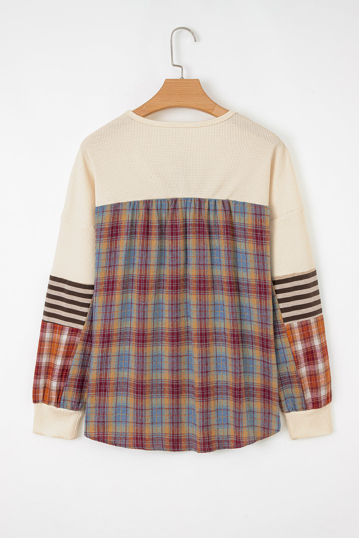 Waffle Stripe Plaid Patchwork Henley Knit Top