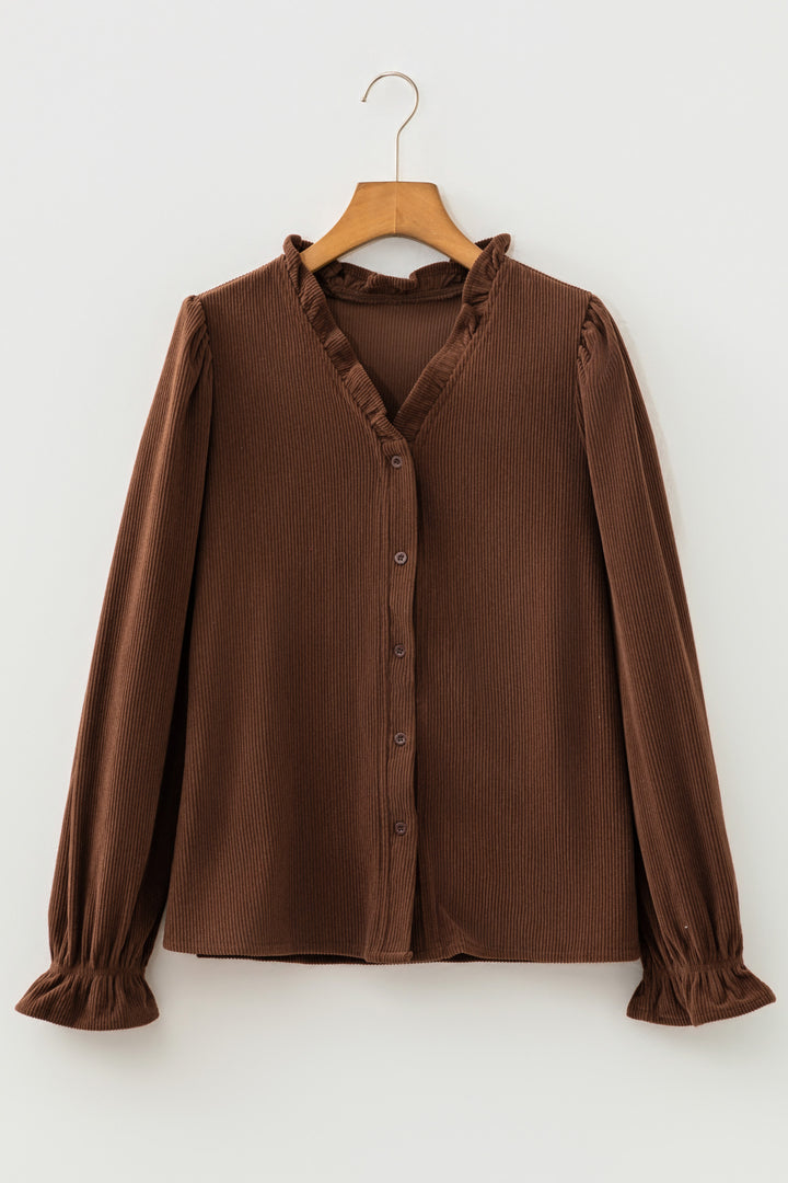 Coffee Solid Color Long Sleeve Button Corduroy Shakcet