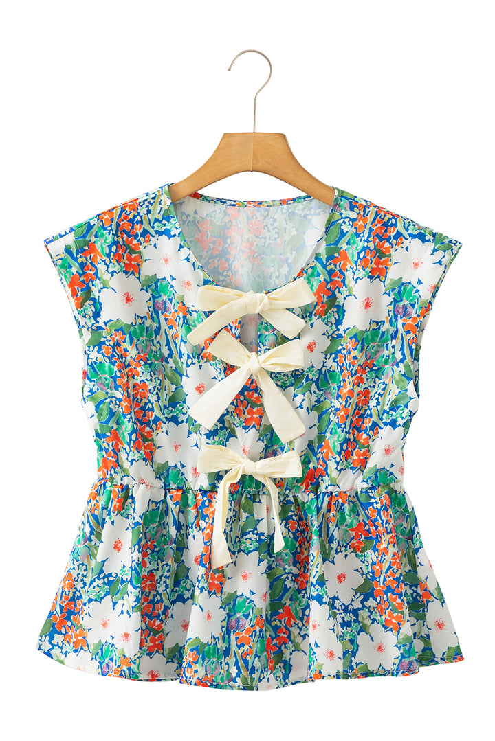 Floral Print Bow Applique Slit Sleeveless Peplum Blouse