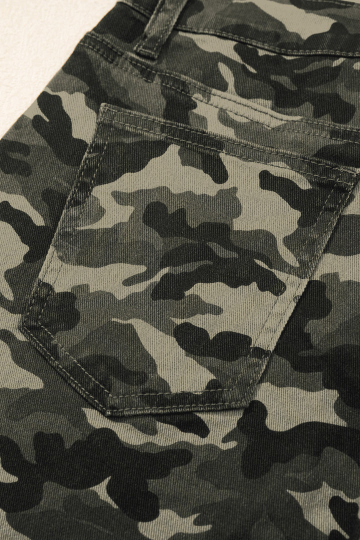 Green Camouflage Print Multi Pocketed Womens Denim Pants
