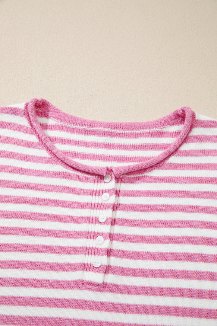 Pink Stripe Striped Button Placket Drop Shoulder Long Sleeve Sweater