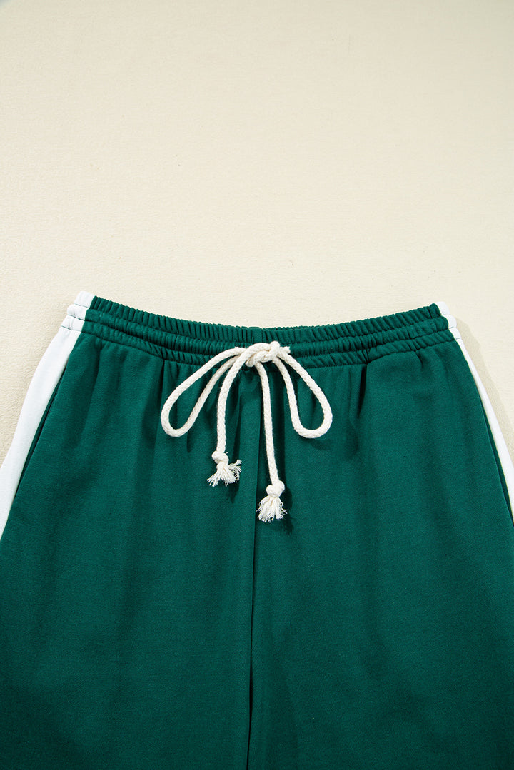 Sea Green Solid Color Pullover Top Varsity Stripe Detail Loose Drawstring Pants Set