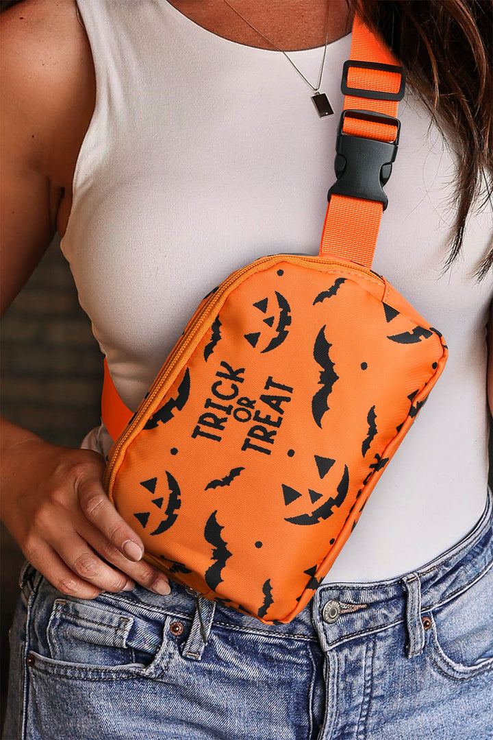 Halloween TRICK OR TREAT Bat Pumpkin Print Crossbody Bag
