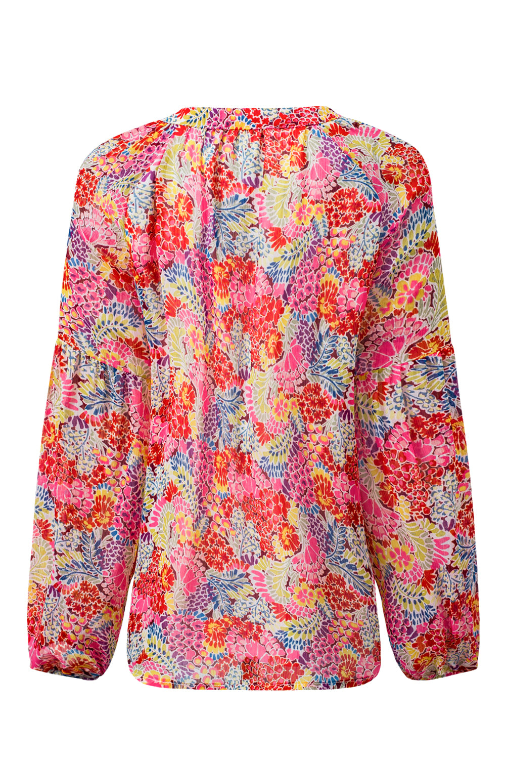 Fiery Red White Floral Print V Neck Long Puff Sleeve Top