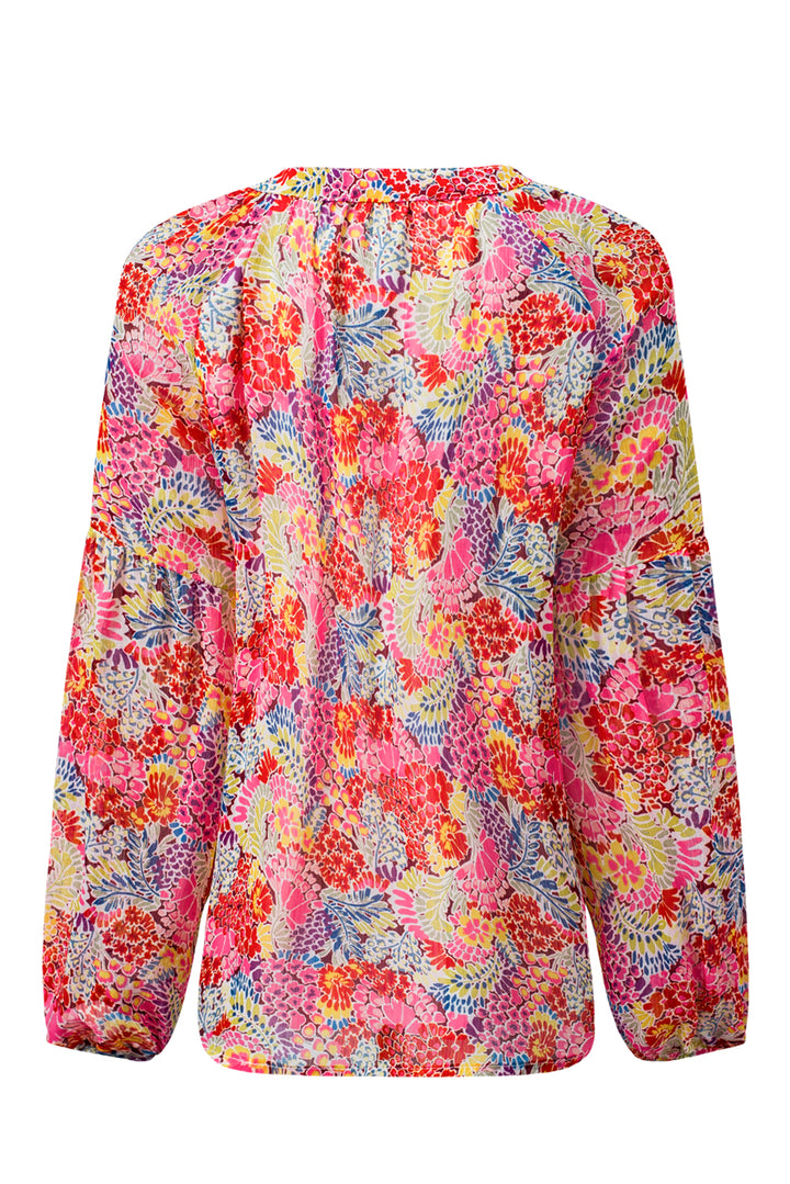 Fiery Red White Floral Print V Neck Long Puff Sleeve Top